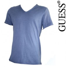 GUESS - T SHIRT COL V EFFET DEVALE BLEU