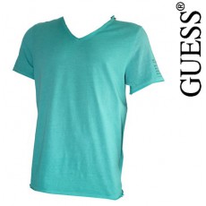 GUESS - T SHIRT COL V EFFET DEVALE VERT