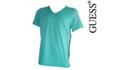 GUESS - T SHIRT COL V EFFET DEVALE VERT