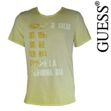 GUESS - T SHIRT COL ROND EFFET DEVALE JAUNE