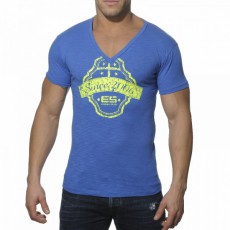  ES TS044  T-SHIRT BLEU ROYAL NEON PRINT COL V COTON AJOURE