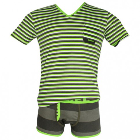 T-SHIRT COTON RAYE VERT KAKI GRIS COL EN V - DIESEL