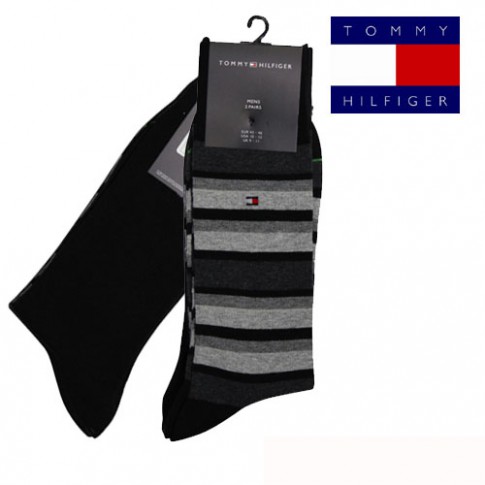 TOMMY - CHAUSSETTE PACK 2 PAIRES NOIR GRISE RAYURES MIXTES