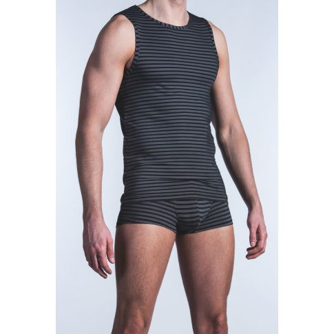 T-SHIRT MICROFIBRE SANS MANCHES A RAYURES NOIR/GRIS RED 1422 TANKTOP - OLAF BENZ