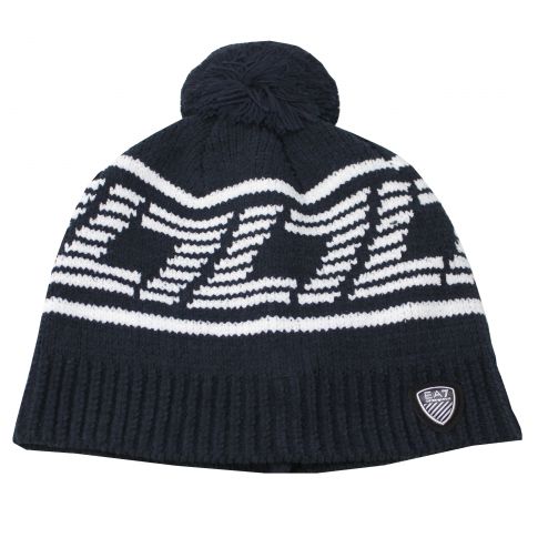 BONNET BEANIE MARINE A GROSSES MAILLES AVEC POMPOM ET UN ECUSSON LOGOTE EA7