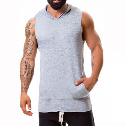 T-SHIRT HOODIE STEREO SANS MANCHES GRIS A CAPUCHE - JOR