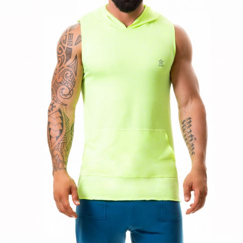T-SHIRT HOODIE STEREO SANS MANCHES JAUNE FLUO A CAPUCHE - JOR