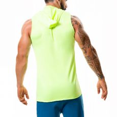 T-SHIRT HOODIE STEREO SANS MANCHES JAUNE FLUO A CAPUCHE - JOR