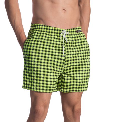 SHORT DE BAIN A DAMIER NOIR ET JAUNE FLUO BLU1660 - OLAF BENZ