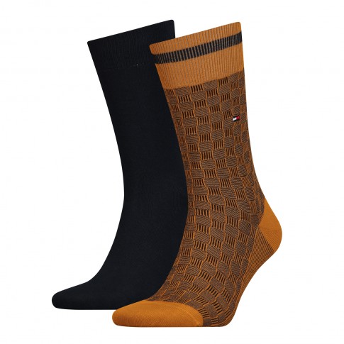LOT DE 2 CHAUSSETTES BASKET KNIT SOCK UNIS ET A MOTIF NOIR ET MARRON - TOMMY LOT DE 2 CHAUSSETTES BASKET KNIT SOCK UNIS ET A MOTIF NOIR ET MARRON - TOMMY
