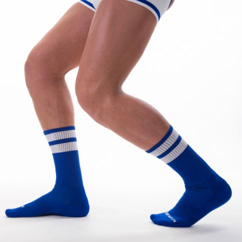CHAUSSETTES HAUTES GYM BLEU ROYAL ET BLANCHE - BARCODE