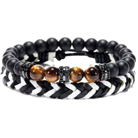 LOT DE 2 BRACELETS PIERRE+TRESSE NOIR/BLANC - MENGENERATION LOT DE 2 BRACELETS PIERRE+TRESSE NOIR/BLANC - MENGENERATION