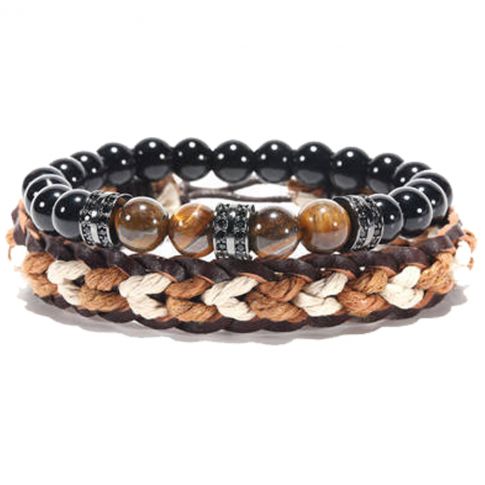 LOT DE 2 BRACELETS PIERRE+TRESSE NOIR/MARRON - MENGENERATION LOT DE 2 BRACELETS PIERRE+TRESSE NOIR/MARRON - MENGENERATION