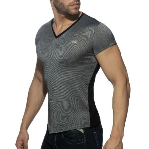 T-SHIRT COL V MINI STRIPES NOIR AD901 - ADDICTED