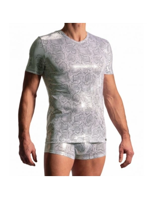 T-SHIRT  COL V MANCHES COURTES MOTIF CROCODILE ARGENT M2227 - MANSTORE