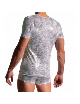 T-SHIRT  COL V MANCHES COURTES MOTIF CROCODILE ARGENT M2227 - MANSTORE