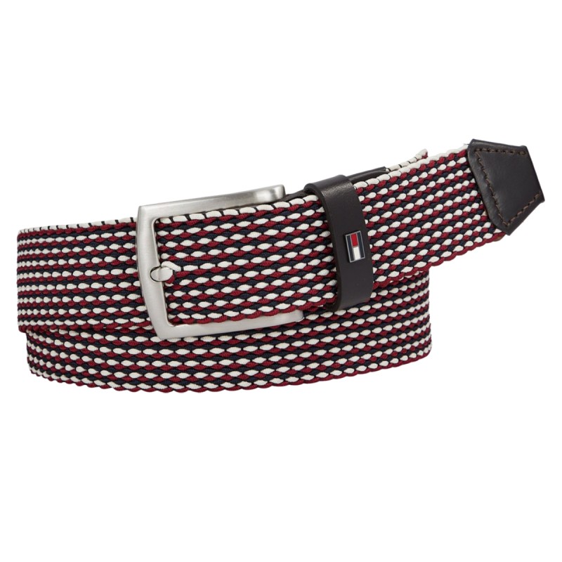 CEINTURE DENTON ELASTIC BELT BOUCLE ARDILLON ASPECT TRÉSSÉ BORDEAUX/BLEU MARINE/BLANC AM0AM10313 - TOMMY HILFIGER CEINTURE DENTON ELASTIC BELT BOUCLE ARDILLON ASPECT TRÉSSÉ BORDEAUX/BLEU MARINE/BLANC AM0AM10313 - TOMMY HILFIGER