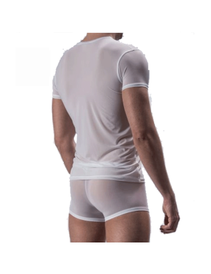 T-SHIRT BLANC COL V  EN TULLE FIN TRANSPARENT M101 - MANSTORE