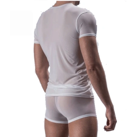 T-SHIRT BLANC COL V  EN TULLE FIN TRANSPARENT M101 - MANSTORE
