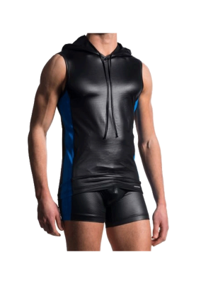 VESTE SANS MANCHES A CAPUCHE TECHNIQUE NOIR/ROYAL EN POLYESTER HOODY TANK M604 - MANSTORE