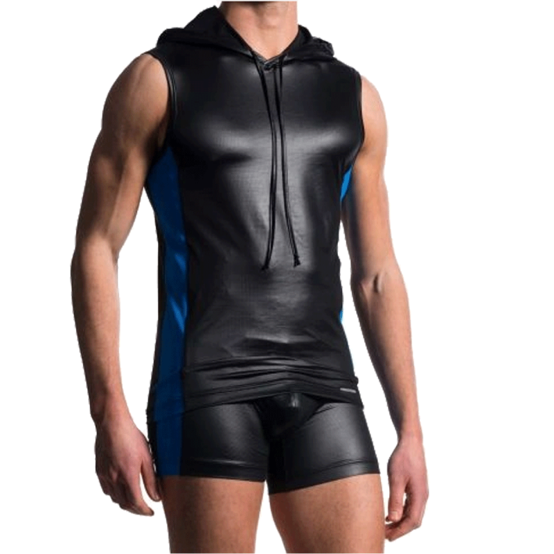VESTE SANS MANCHES A CAPUCHE TECHNIQUE NOIR/ROYAL EN POLYESTER HOODY TANK M604 - MANSTORE
