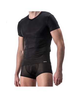 T-SHIRT NOIR COL V  EN TULLE FIN TRANSPARENT M101 - MANSTORE
