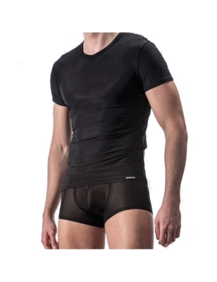 T-SHIRT NOIR COL V  EN TULLE FIN TRANSPARENT M101 - MANSTORE