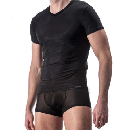 T-SHIRT NOIR COL V  EN TULLE FIN TRANSPARENT M101 - MANSTORE