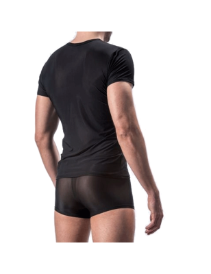 T-SHIRT NOIR COL V  EN TULLE FIN TRANSPARENT M101 - MANSTORE