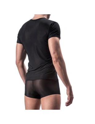 T-SHIRT NOIR COL V  EN TULLE FIN TRANSPARENT M101 - MANSTORE