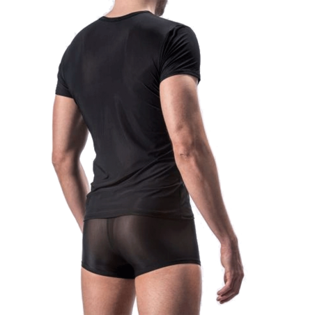 T-SHIRT NOIR COL V  EN TULLE FIN TRANSPARENT M101 - MANSTORE