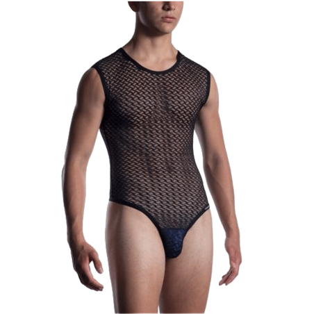 T-SHIRT NOIR COL V EN DENTELLE NOIRE M2053 - MANSTORE