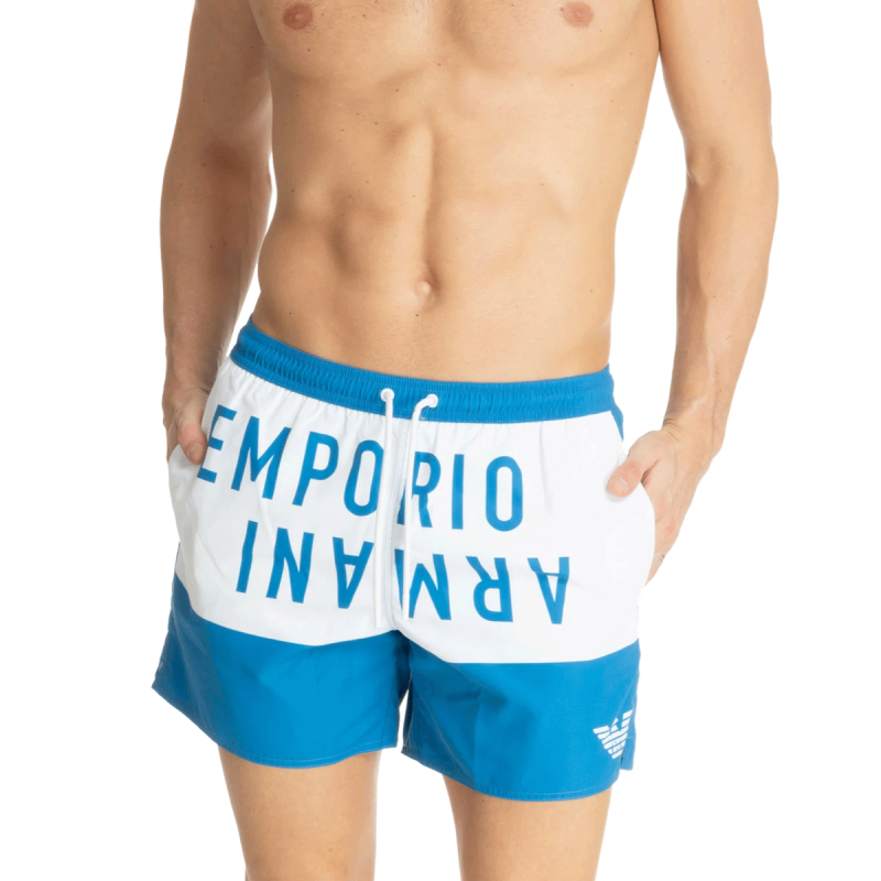 SHORT DE BAIN AVEC ECRITURE BLEU ET BLANC 211740-4R424 - EMPORIO ARMANI