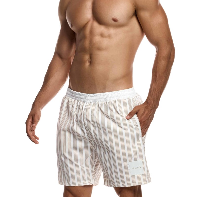SHORT DE BAIN BRETON WOVEN À RAYURES BLANC ET BEIGE SW1123 - MODUS VIVENDI SHORT DE BAIN BRETON WOVEN À RAYURES BLANC ET BEIGE SW1123 - MODUS VIVENDI