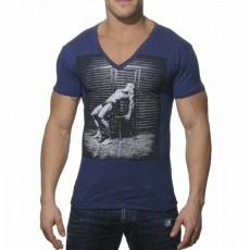 ES TS049  T-SHIRT FANTAISIE COL V COTON MARINE