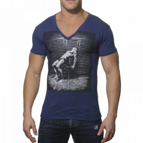 ES TS049  T-SHIRT FANTAISIE COL V COTON MARINE