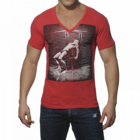ES TS049  T-SHIRT FANTAISIE COL V COTON ROUGE