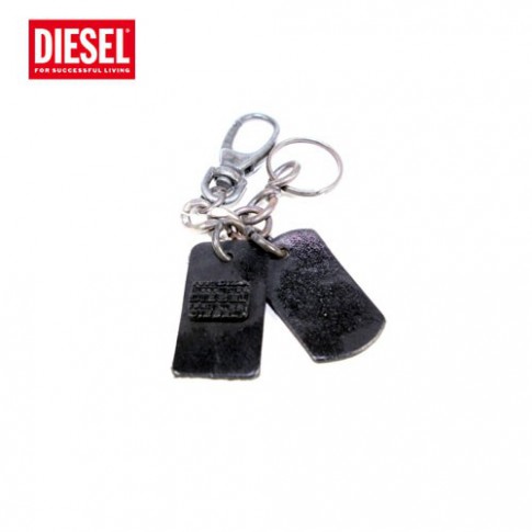 DIESEL - PORTE CLEFS AZIIE DOUBLE PLAQUES CUIR NOIR