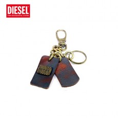 DIESEL - PORTE CLEFS AZIIE DOUBLE PLAQUES CUIR MARON 